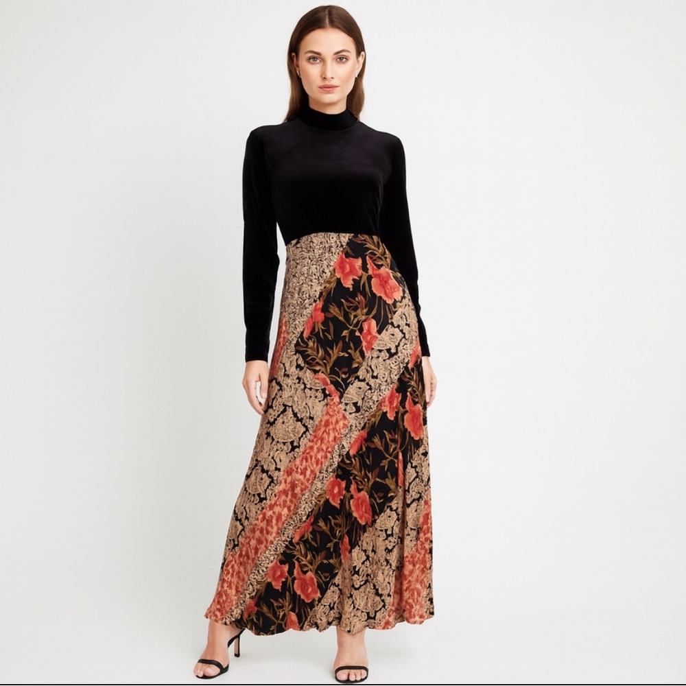 Vintage Carole Little Velvet Top Maxi Dress sz 10 90’s BohoChic Flattering